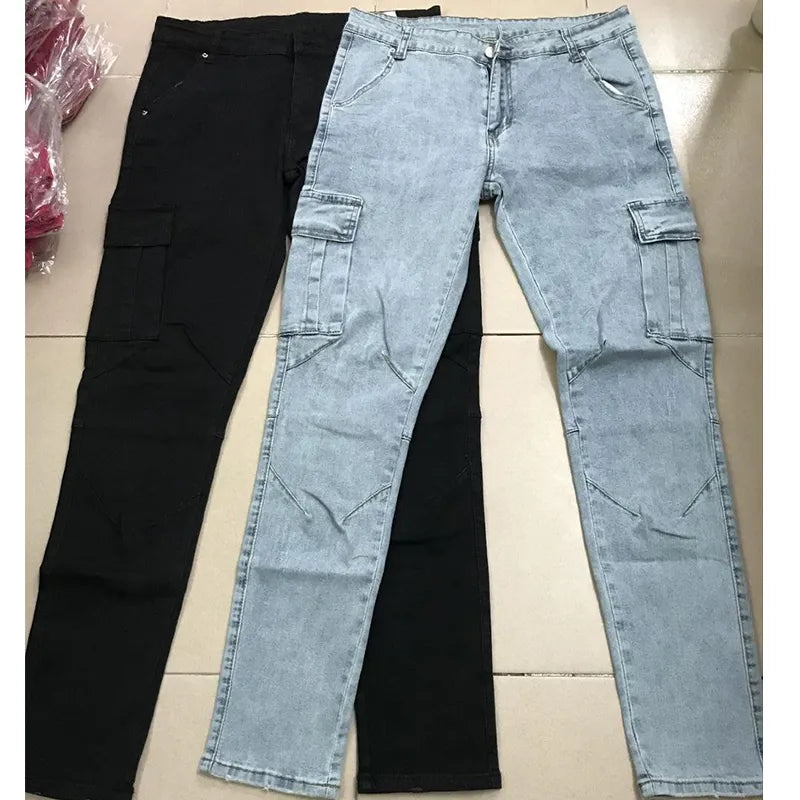 Jeans Men Pants Wash Solid Color Multi Pockets Denim