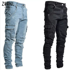 Jeans Men Pants Wash Solid Color Multi Pockets Denim