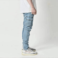 Jeans Men Pants Wash Solid Color Multi Pockets Denim