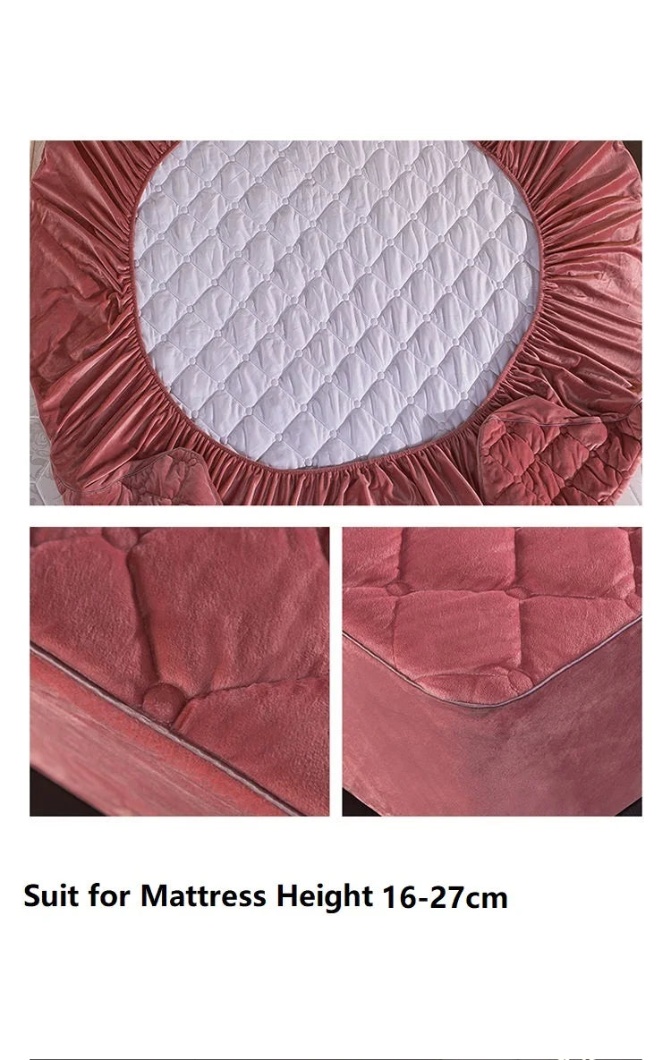 Plush Thicken Quilted Mattress Cover Warm Velvet King Queen Quilted